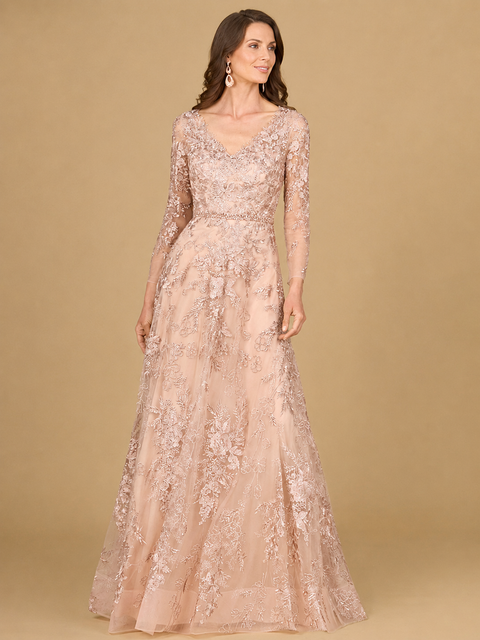 Long Sleeve V-Neck Lace Gown with Beaded Belt