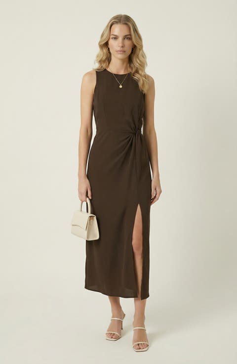 Sleeveless Side Twist Front Slit Midi Dress