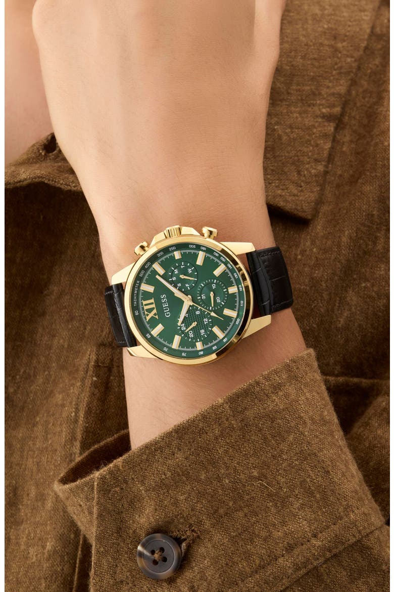 Walker Green Dial Multifunction Leather Strap Watch, 44mm, Alternate, color, BLACK
