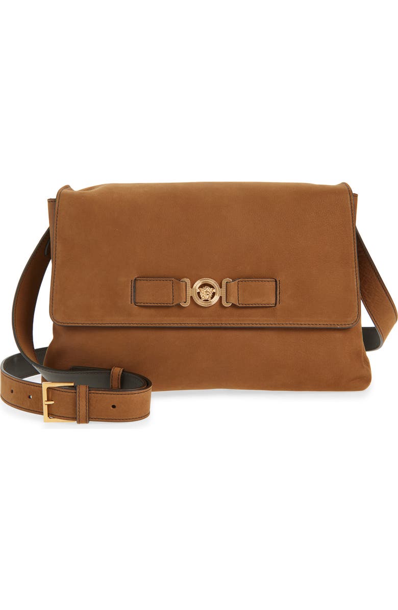 Versace Biggie Nubuck Leather Messenger Bag, Main, color, Light Brown-Versace Gold