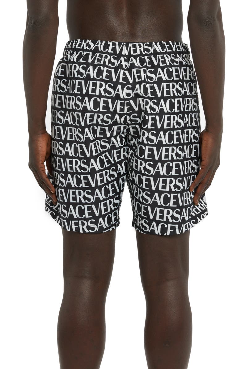 Versace Logo Print Swim Trunks, Alternate, color,