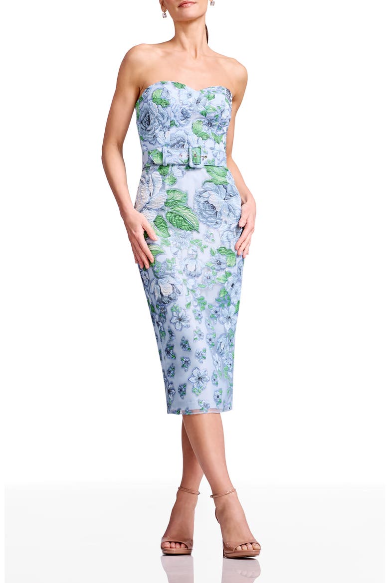 Shailene Belted Embroidered Floral Strapless Midi Cocktail Dress, Main, color, SKY MULTI