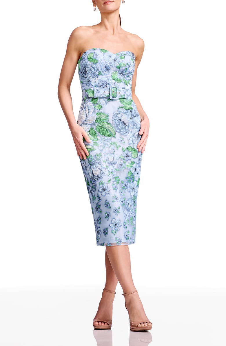 Dress the Population Shailene Belted Embroidered Floral Strapless Midi Cocktail Dress, Main, color, Sky Multi