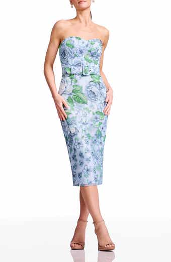 Shailene Belted Embroidered Floral Strapless Midi Cocktail Dress
