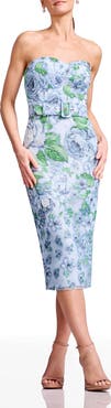 Dress the Population Shailene Belted Embroidered Floral Strapless Midi Cocktail Dress