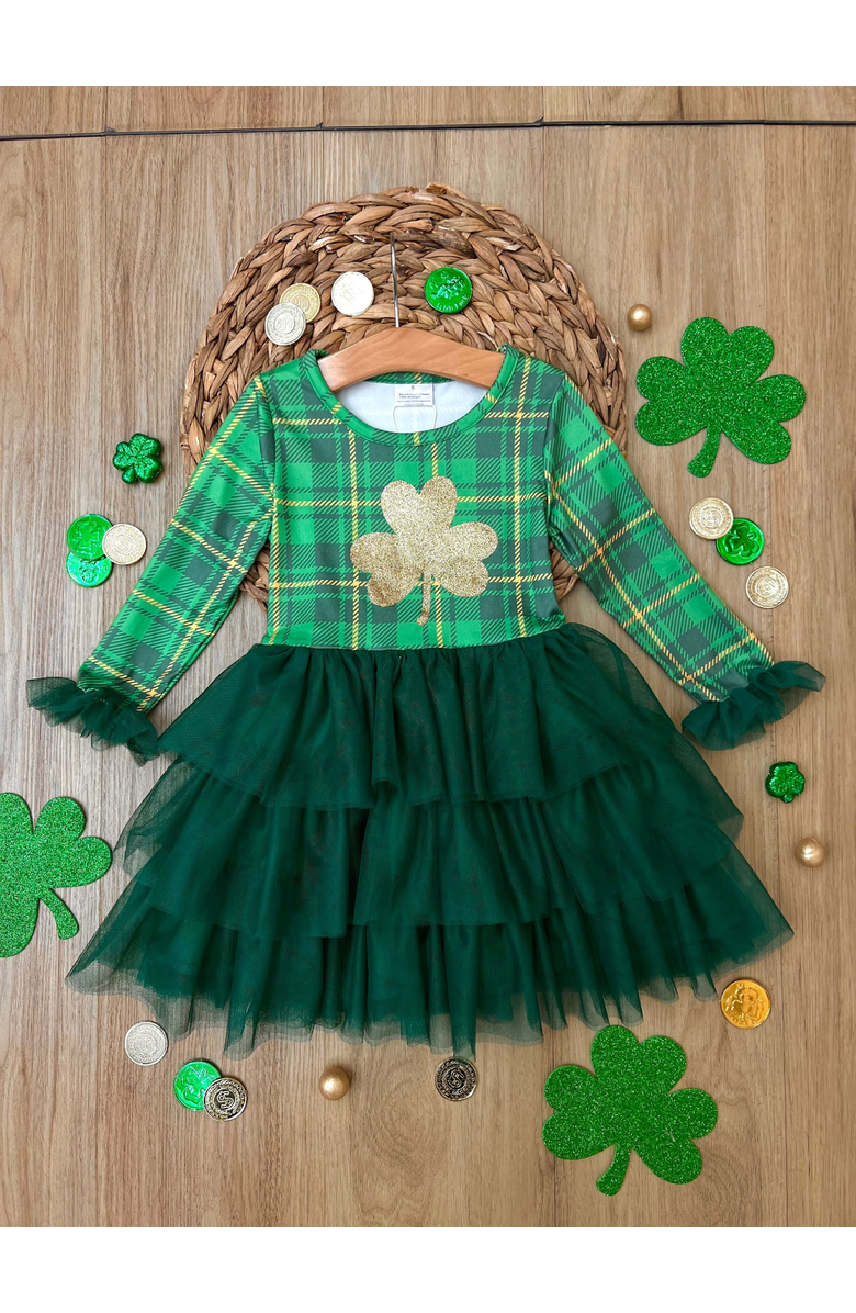 Mia Belle Girls Shimmering Shamrocks Tiered Tutu Dress, Alternate, color, Green