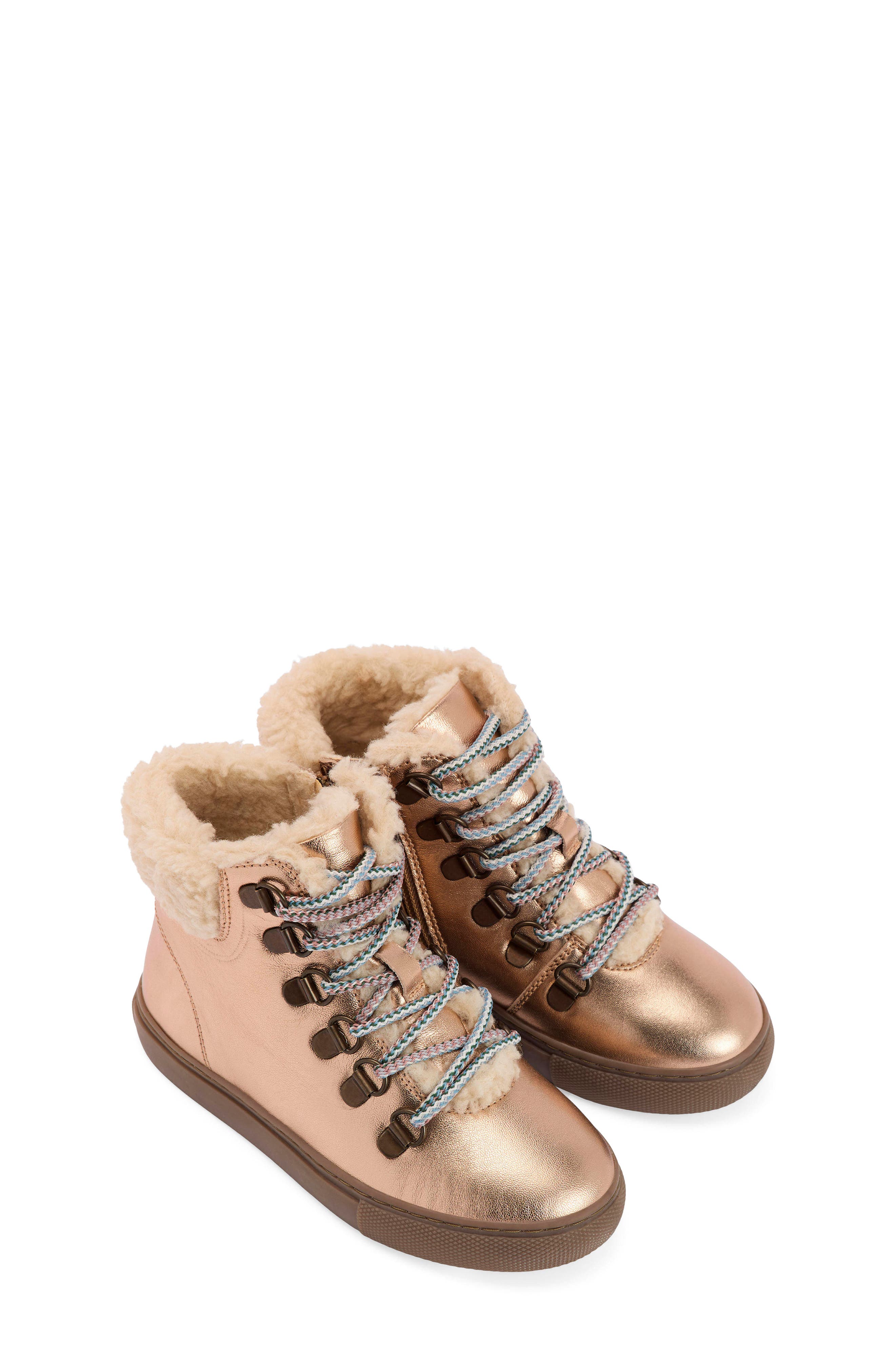 Boden Kids' Borg Faux Fur Lined Lace-Up Boot, Main, color, Bronze