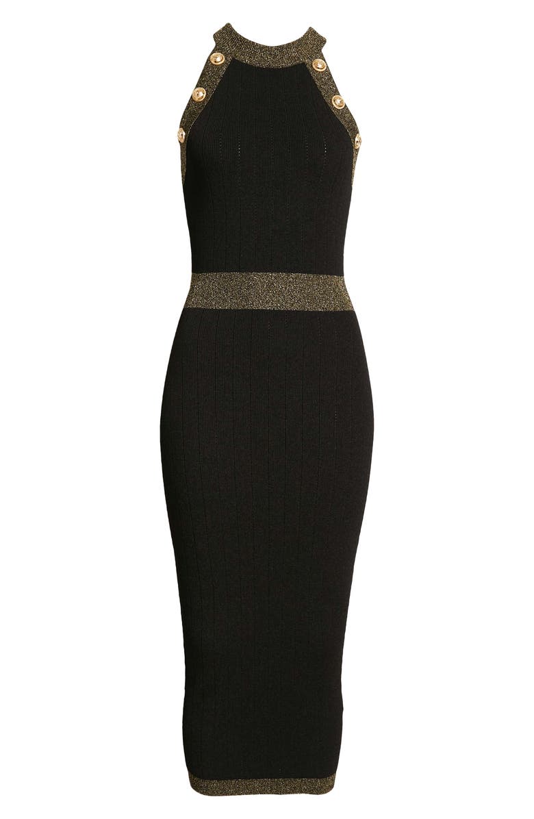 Balmain Golden Edge Rib Body-Con Midi Dress, Alternate, color, 