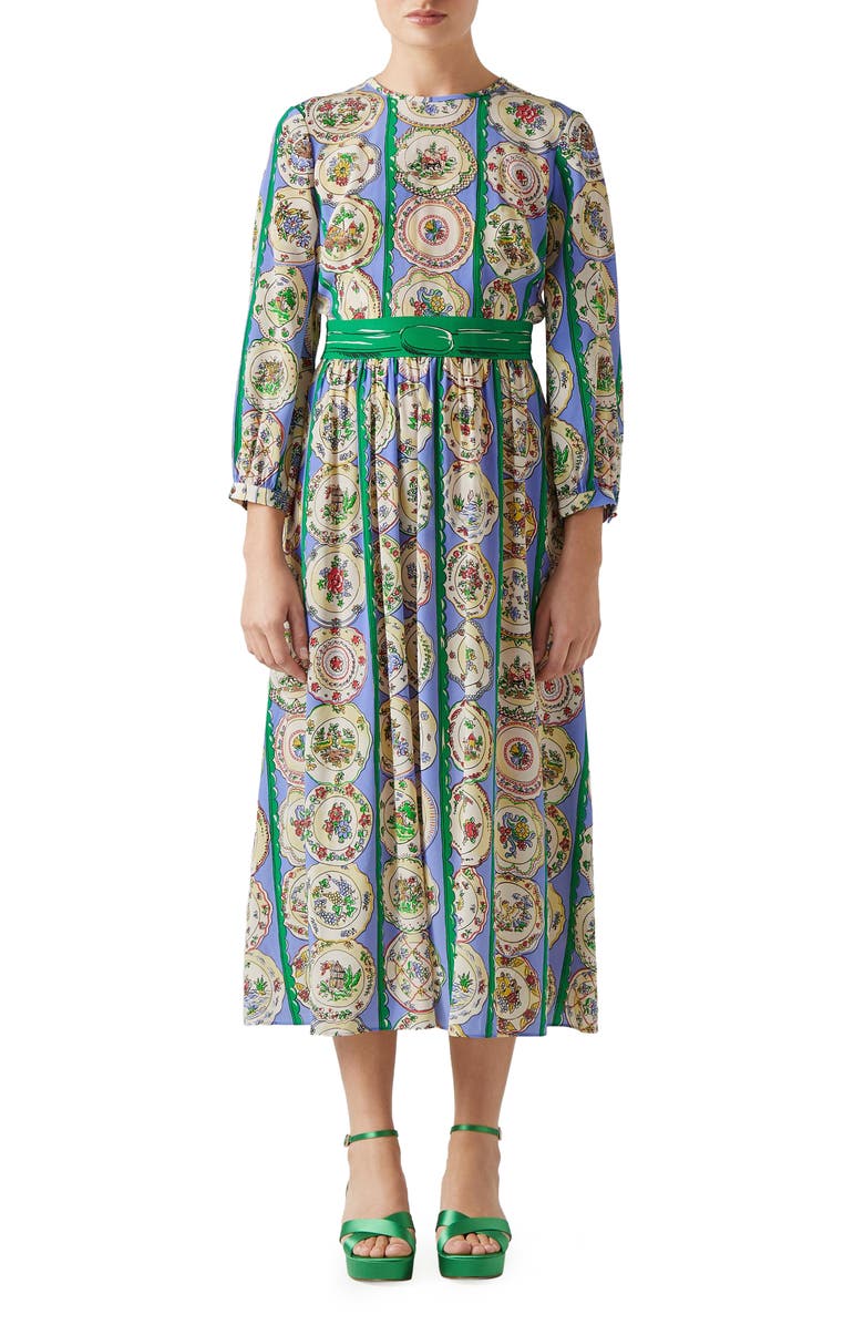 LK Bennett Erica Decorative Plate Print Silk Midi Dress, Main, color, 