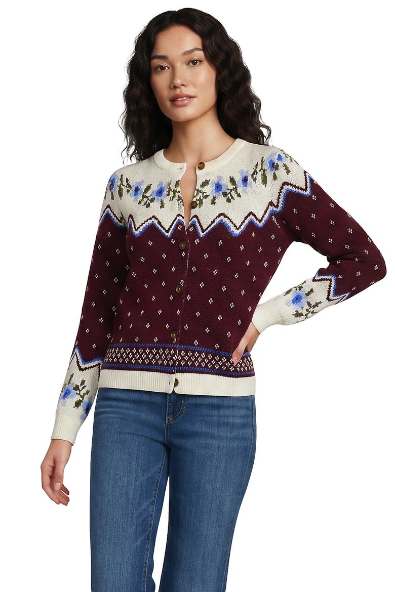 Drifter Cable Cardigan Sweater, Alternate, color, Burgundy Floral Fairisle