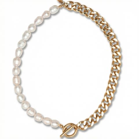 18k Gold Plated Fresh Water Pearl And Curb Link Necklace 18" Toggle Clasp