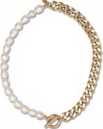 Bliss Diamond 18k Gold Plated Fresh Water Pearl And Curb Link Necklace 18" Toggle Clasp