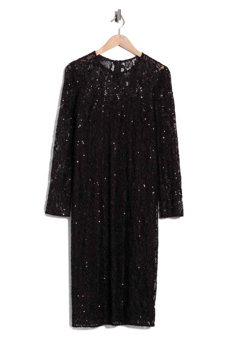 Long Sleeve Sequin Lace Sheath Dress, Alternate, color, BLACK