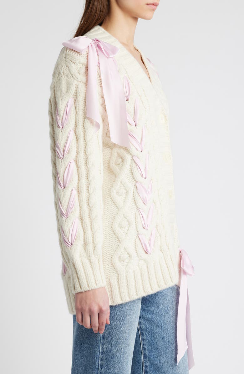 LoveShackFancy Kassius Ribbon Detail Alpaca Blend Cable Cardigan, Alternate, color, 