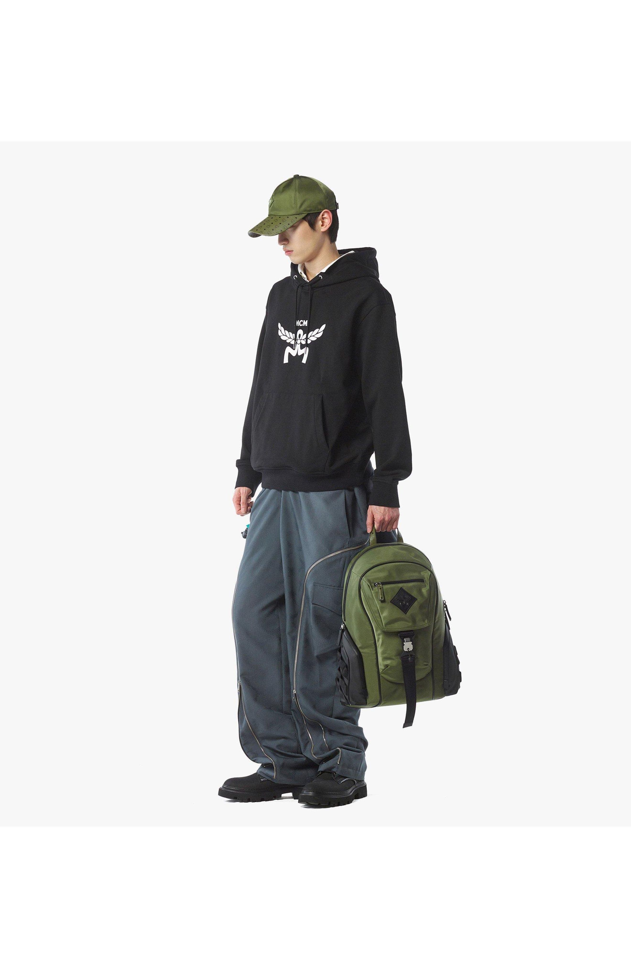 MCM Aren Backpack in ECONYLÂ<sup>®</sup> and Monogram Print Leather, Alternate, color, Khaki Moss