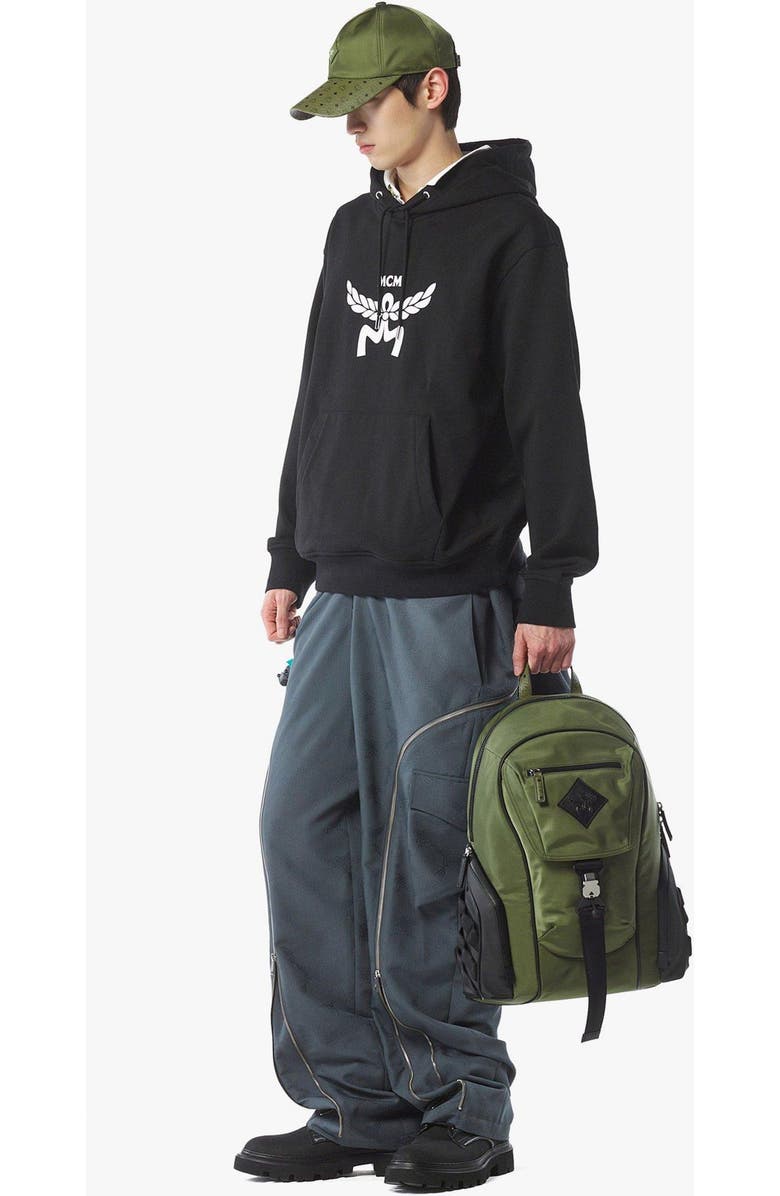 MCM Aren Backpack in ECONYLÂ<sup>®</sup> and Monogram Print Leather, Alternate, color, Khaki Moss