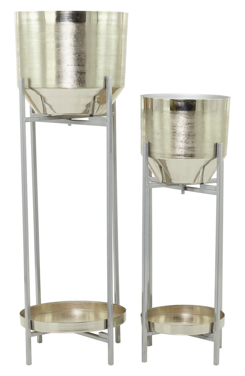 VIVIAN LUNE HOME Silver Metal Modern Planter with Removable Stand - Set of 2, Main, color,