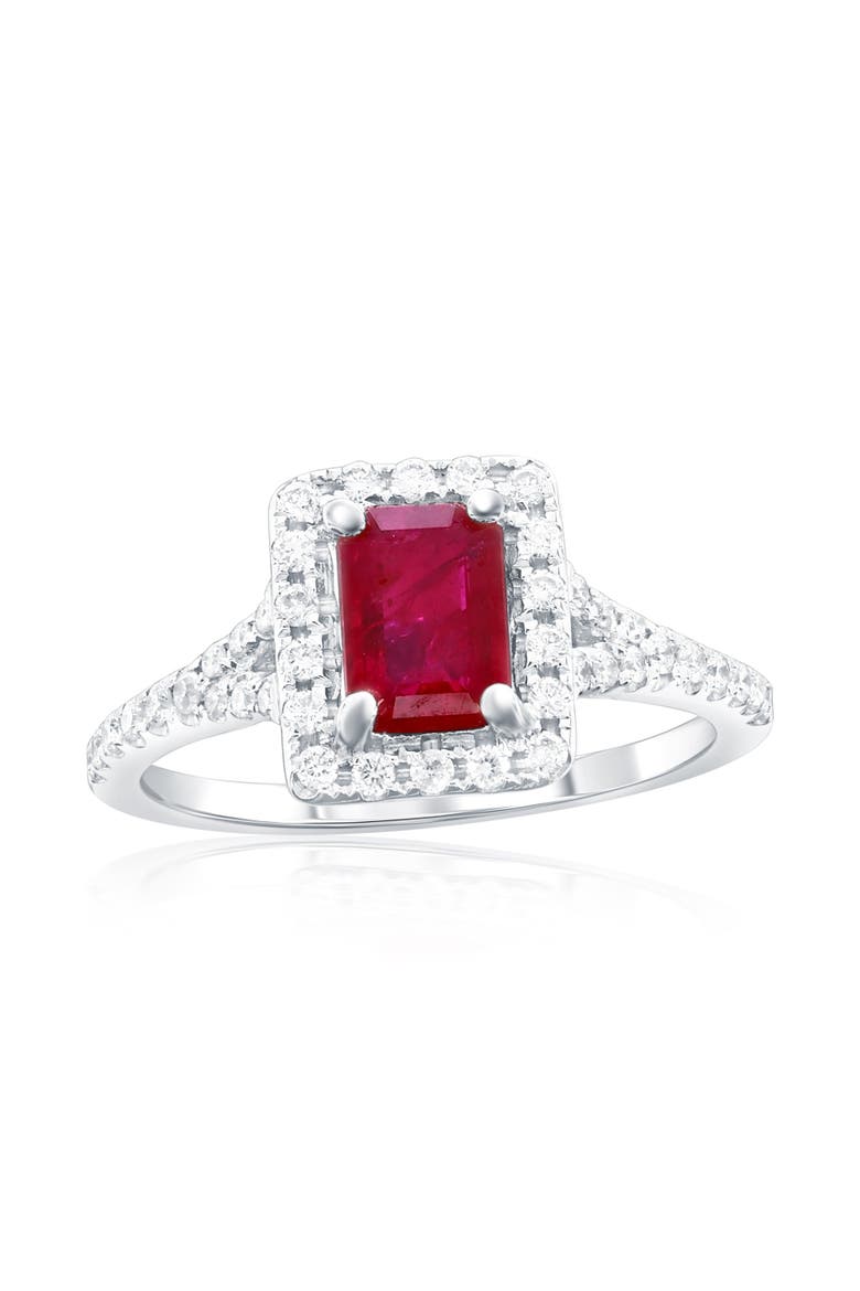 14K Gold Emerald-Cut Ruby & Diamond Halo Ring, Main, color, Red