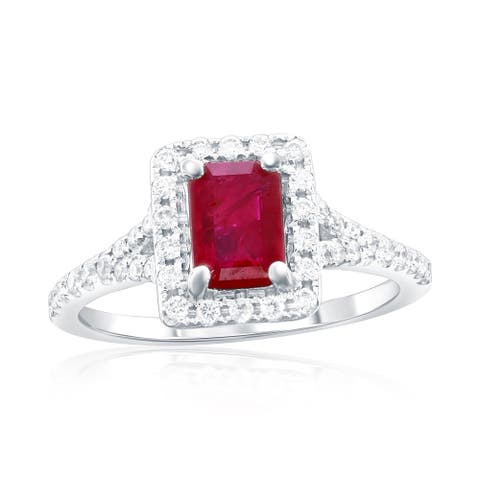 14K Gold Emerald-Cut Ruby & Diamond Halo Ring