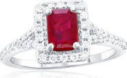 SOUZANA by Suzy Levian 14K Gold Emerald-Cut Ruby & Diamond Halo Ring