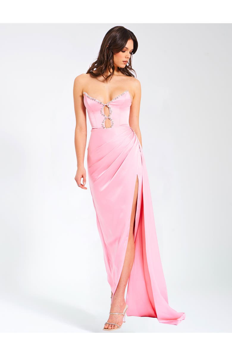 Miss Circle Marilyn Satin Crystal Embellished High Slit Gown, Alternate, color, Pink