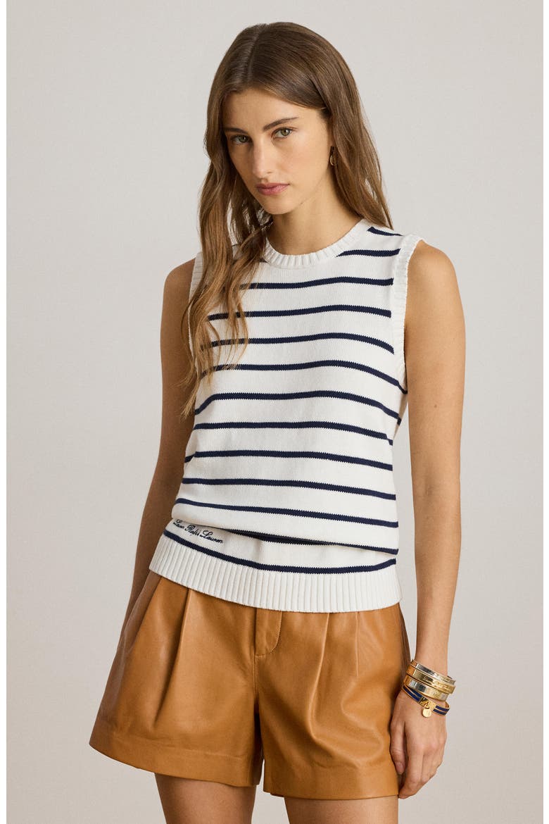 Stripe Sleeveless Combed Cotton Sweater, Alternate, color, WHITE/ REFINED NAVY