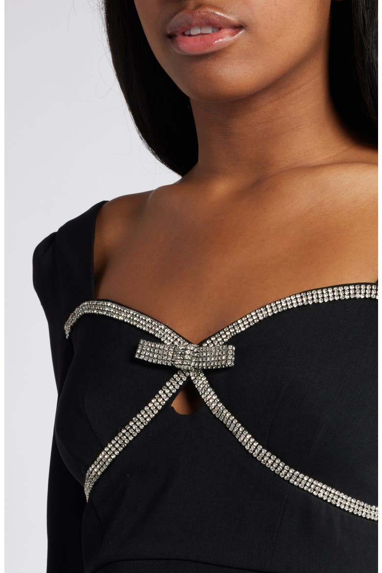 Rhinestone Bow Long Sleeve Fit & Flare Minidress, Alternate, color, BLACK