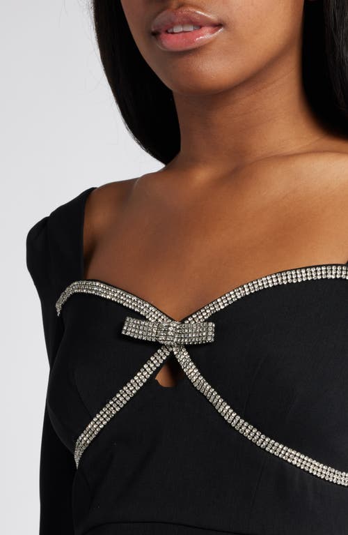 Moon River Rhinestone Bow Long Sleeve Fit & Flare Minidress In Black