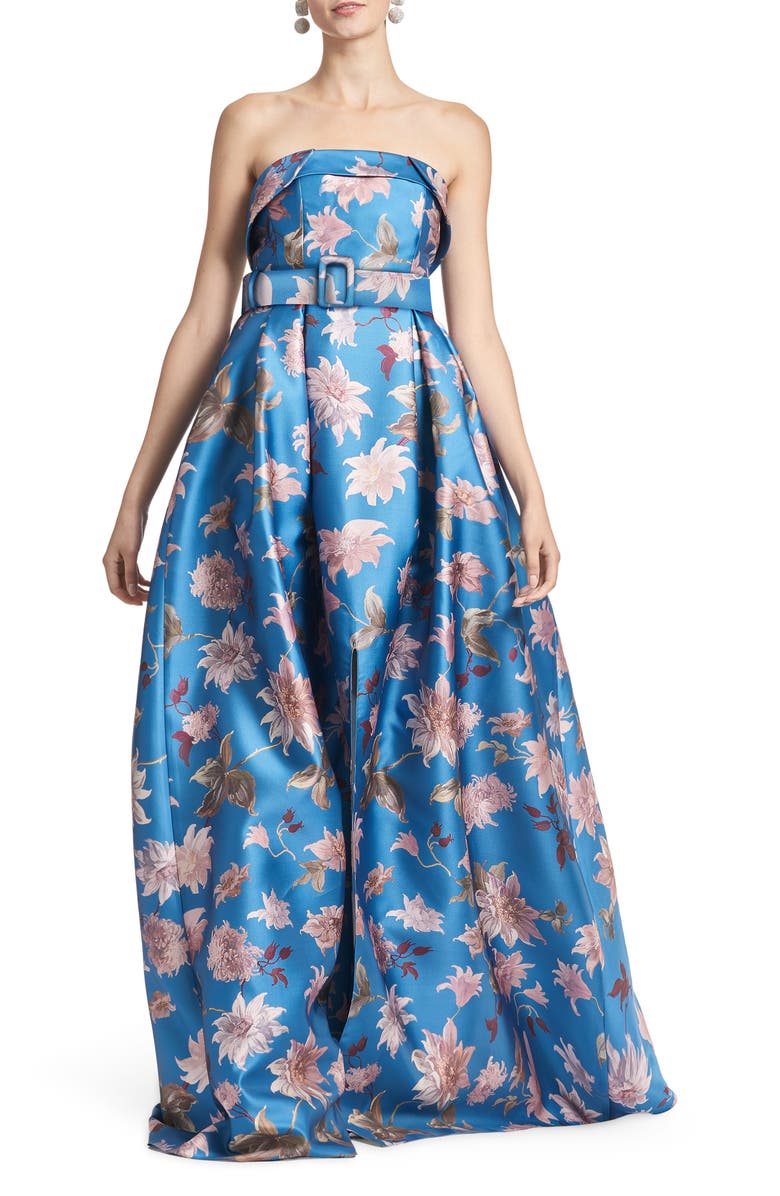 Sachin & Babi Floral Print Belted Strapless Satin Gown, Main, color, 