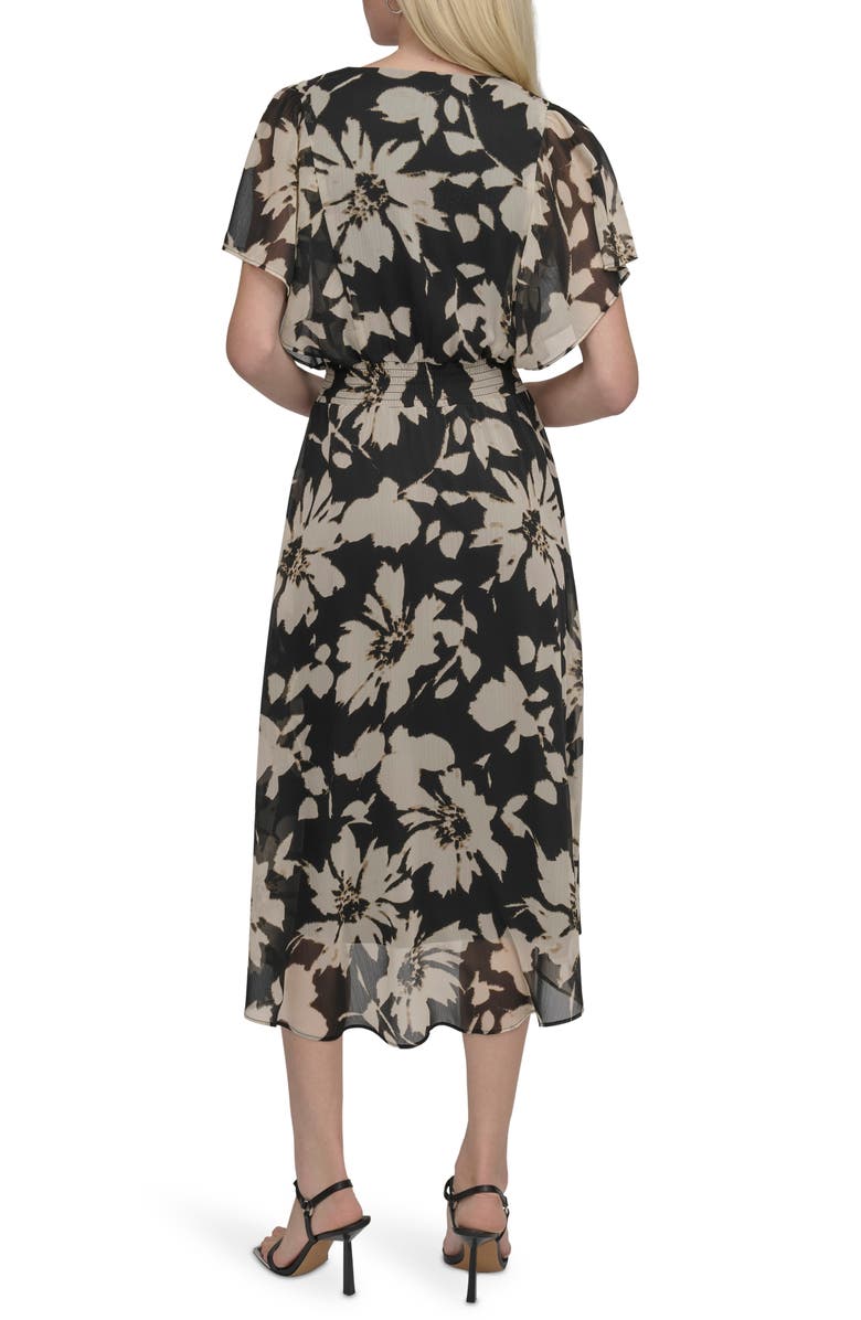 DKNY Smocked Flutter Sleeve Midi Dress, Alternate, color, 