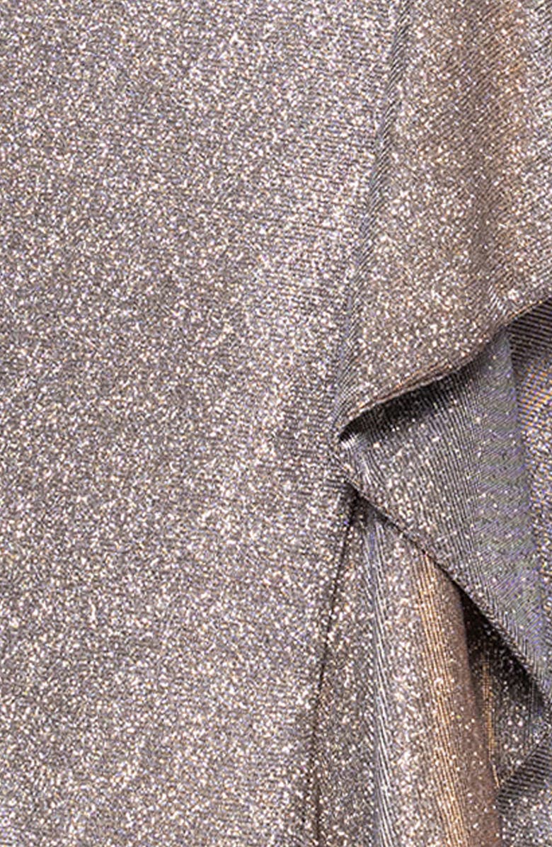 Xscape Evenings Galaxy One-Shoulder Ruffle Detail Glitter Knit Gown, Alternate, color, Sand