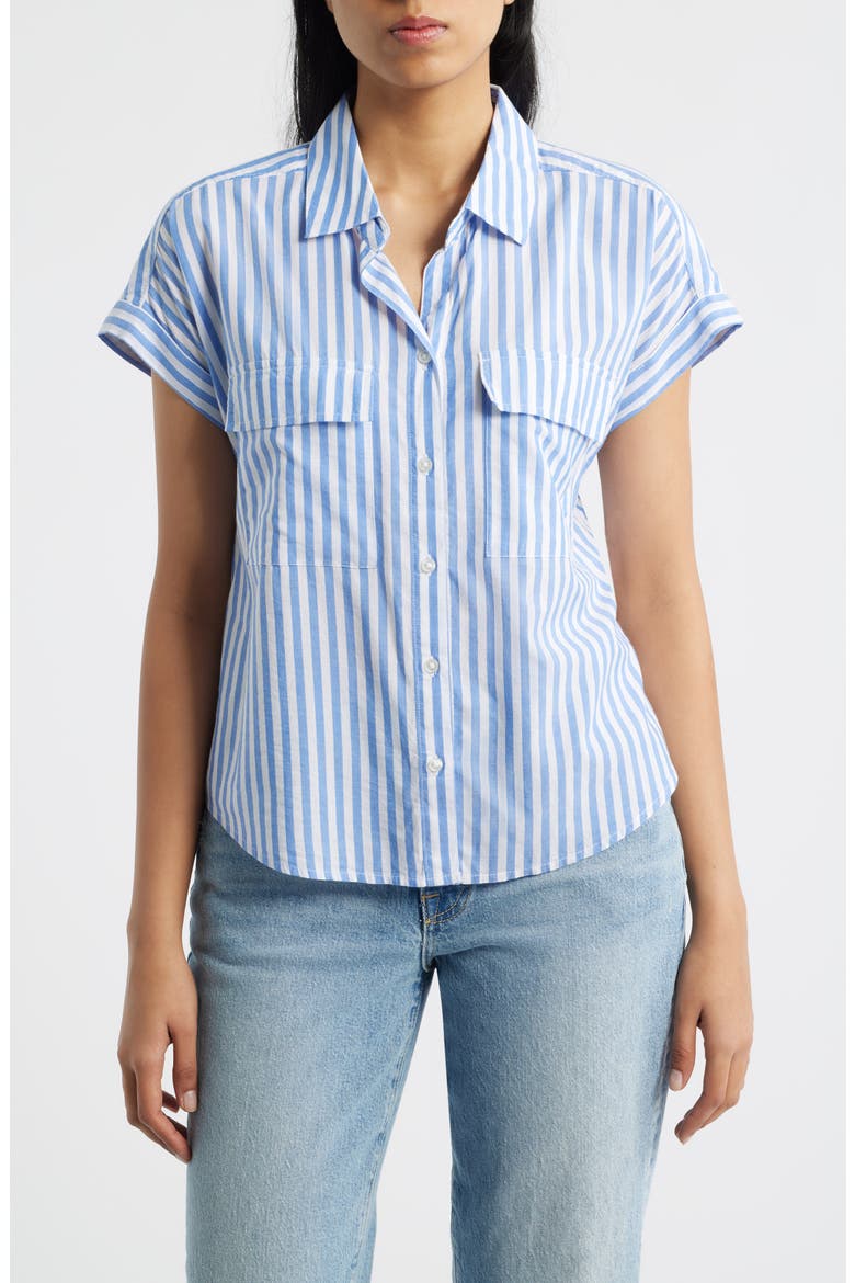 Brianna Stripe Cotton Blend Button-Up Shirt, Main, color, BLUE IGUANA