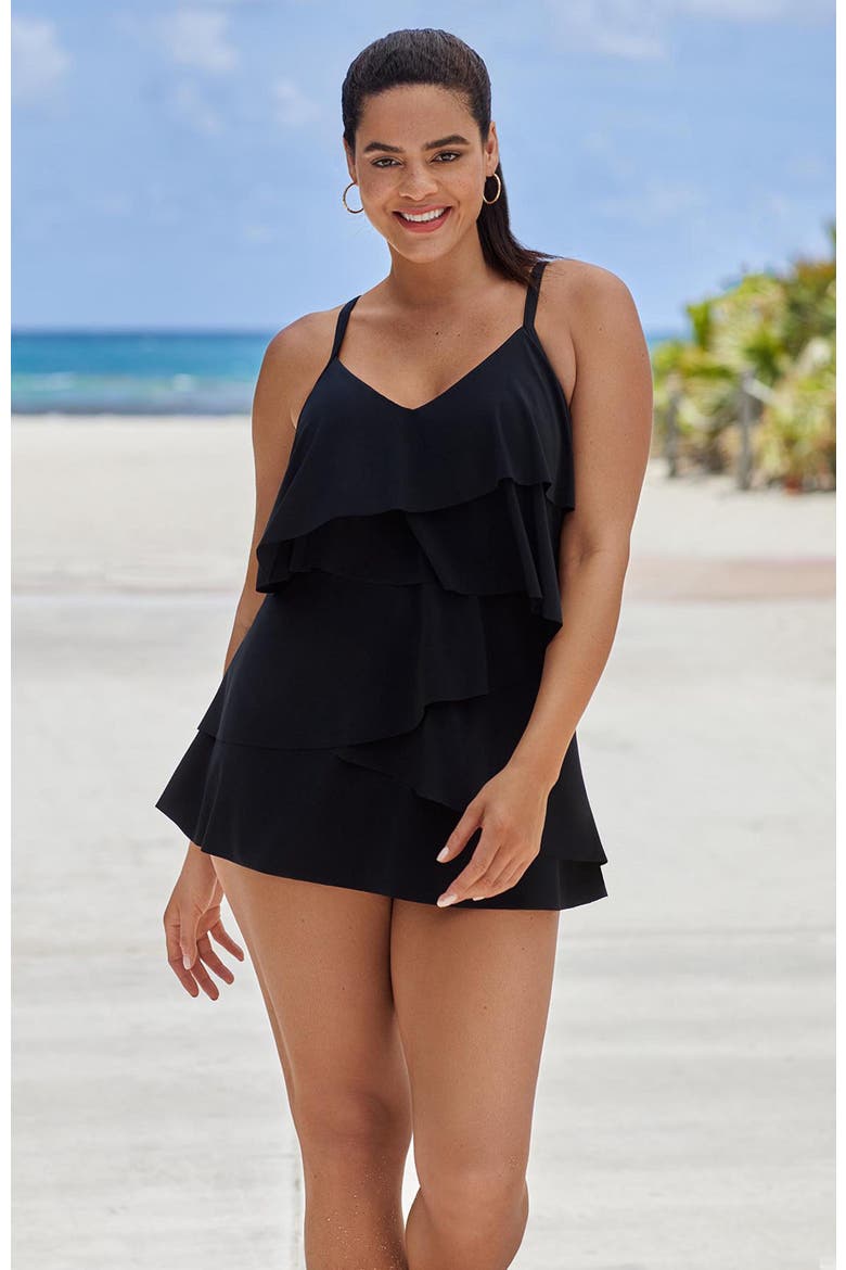Emilia Asymmetrical Tiered Swimdress, Alternate, color, Black