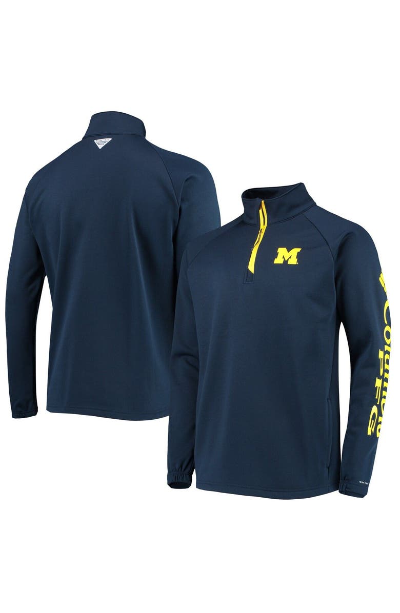 Columbia Men's Columbia Navy Michigan Wolverines Terminal Tackle Fleece Raglan Omni-Shade Quarter-Zip Jacket, Main, color, 