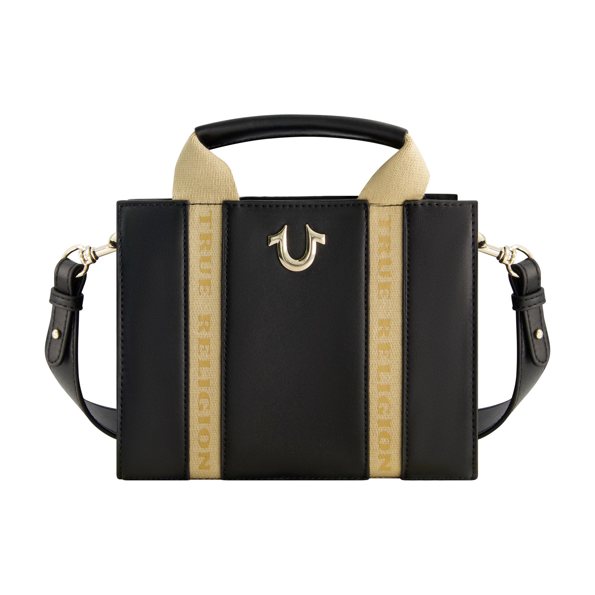 True Religion Licensed Faux Leather Mini Tote Bag with Branded Straps, Main, color, Black