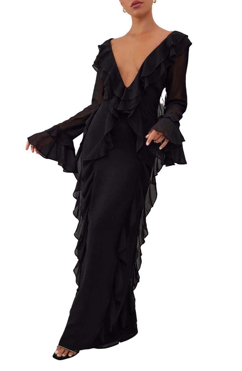 HEIRESS BEVERLY HILLS Ruffle Plunge Long Sleeve Mesh & Chiffon Maxi Dress, Main, color,