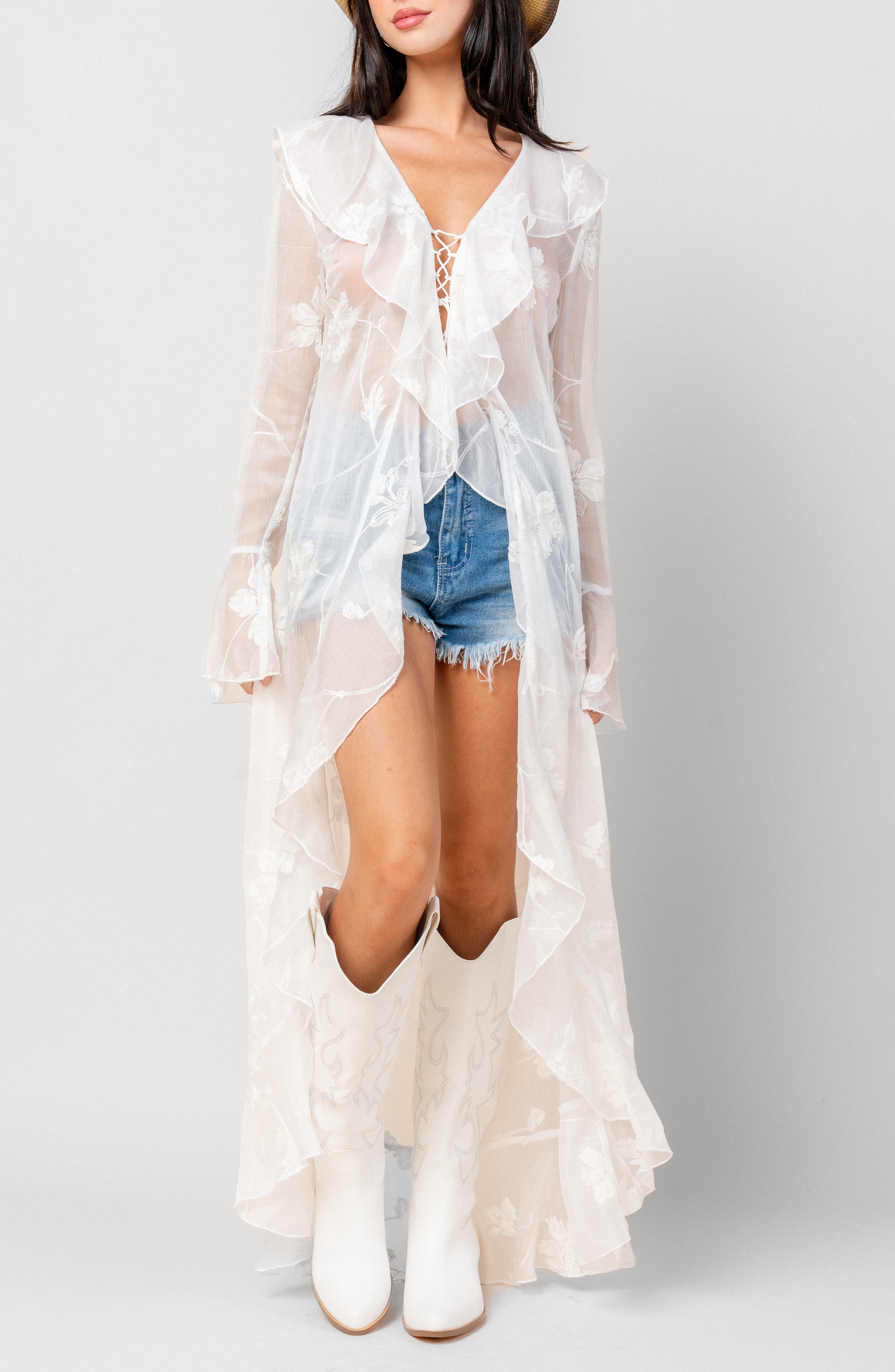 Beivy Embroidered Ruffle Chiffon Duster In White