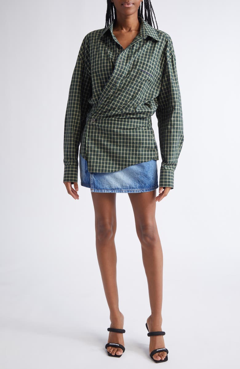 Alexander Wang Long Sleeve Check & Denim Wrap Dress, Main, color, Green/ Navy