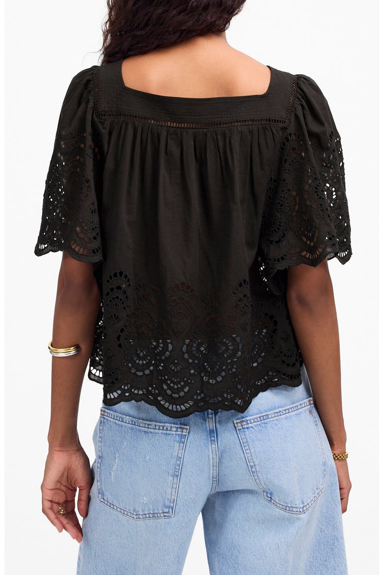Eyelet Flutter Sleeve Cotton Blend Top, Alternate, color, JET BLACK