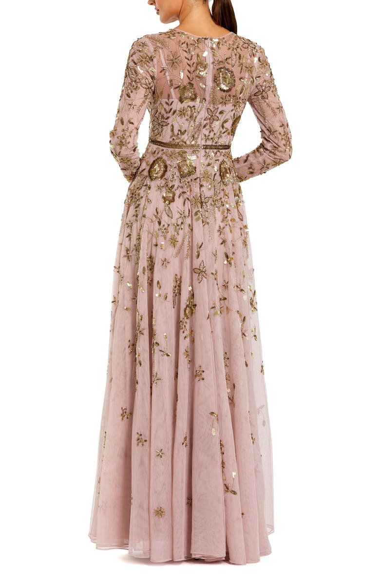 Mac Duggal Long Sleeve Mesh Floral Embellished Gown, Alternate, color, Mocha Multi