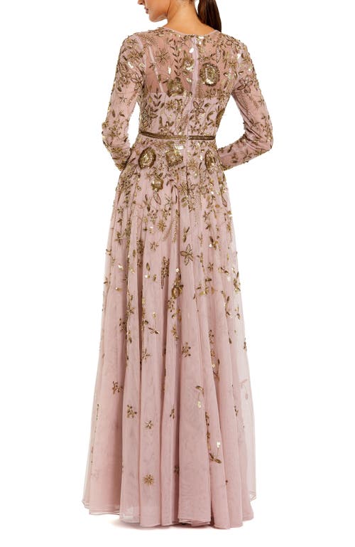 Mac Duggal Long Sleeve Mesh Floral Embellished Gown In Pink