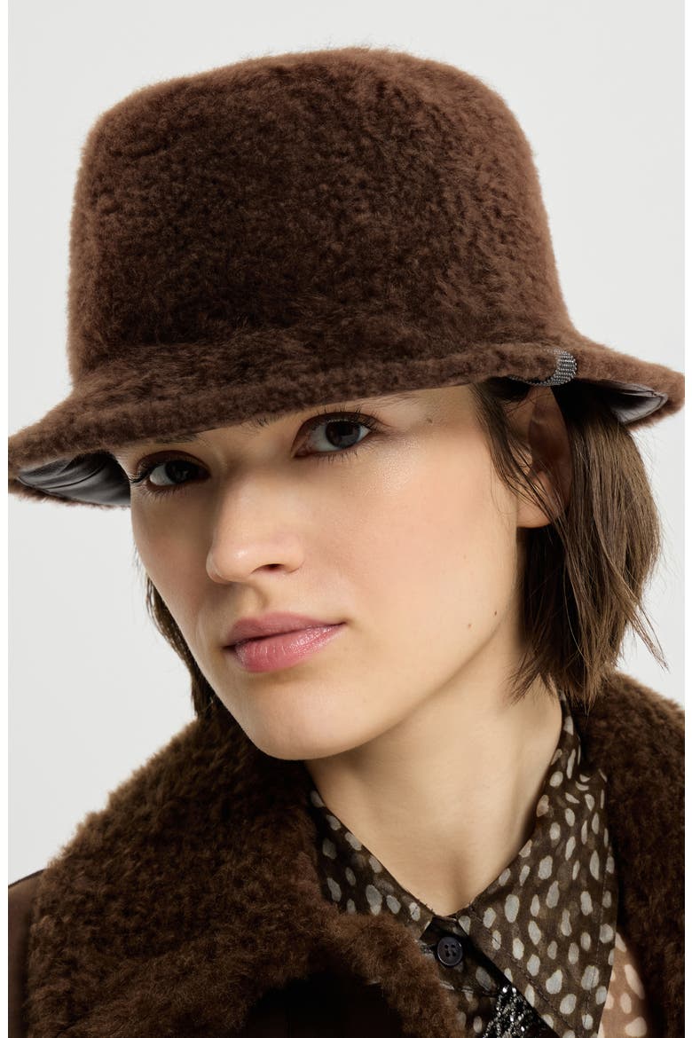 Soft fuzzy shearling bucket hat with shiny band, Alternate, color, Brown Gianduia