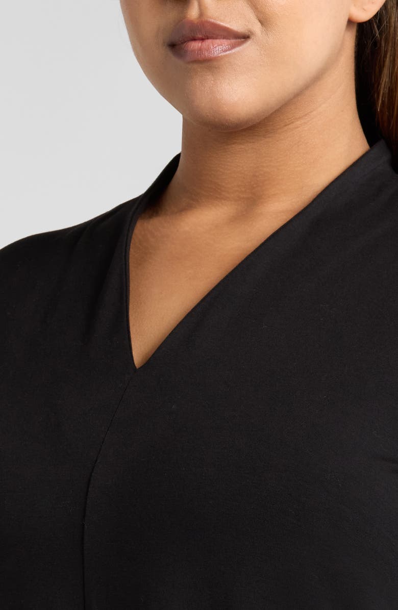 Eileen Fisher Quarter Sleeve V-Neck Midi Dress, Alternate, color, Black