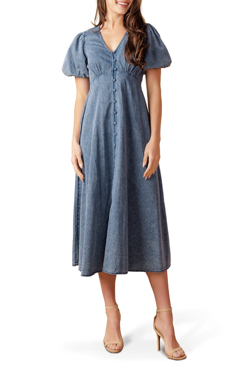 FLYING TOMATO Acid Wash Denim Midi Dress, Main, color, 