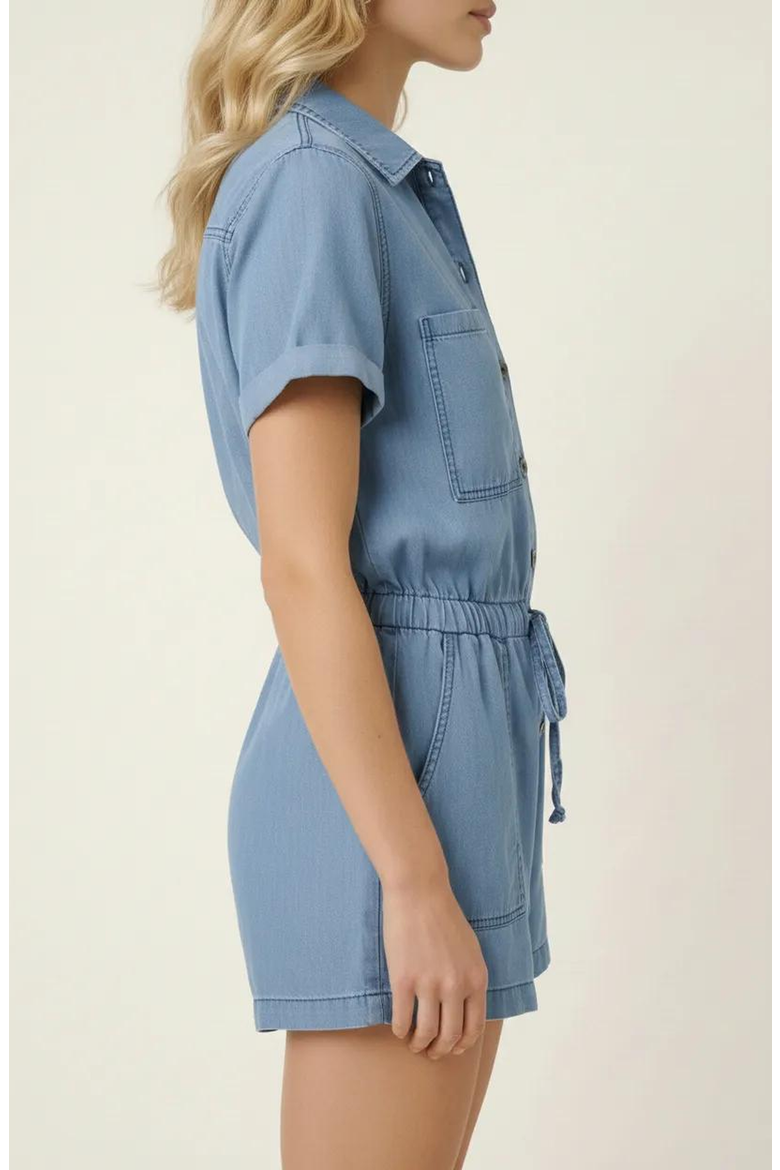 Utility Button-Up Denim Romper with Pockets and Drawstring Waist, Alternate, color, Denim Blue