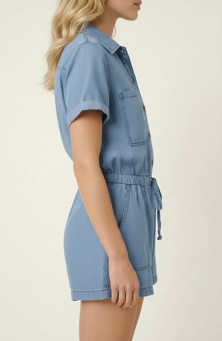 Modenaire Utility Button-Up Denim Romper with Pockets and Drawstring Waist, Alternate, color, Denim Blue