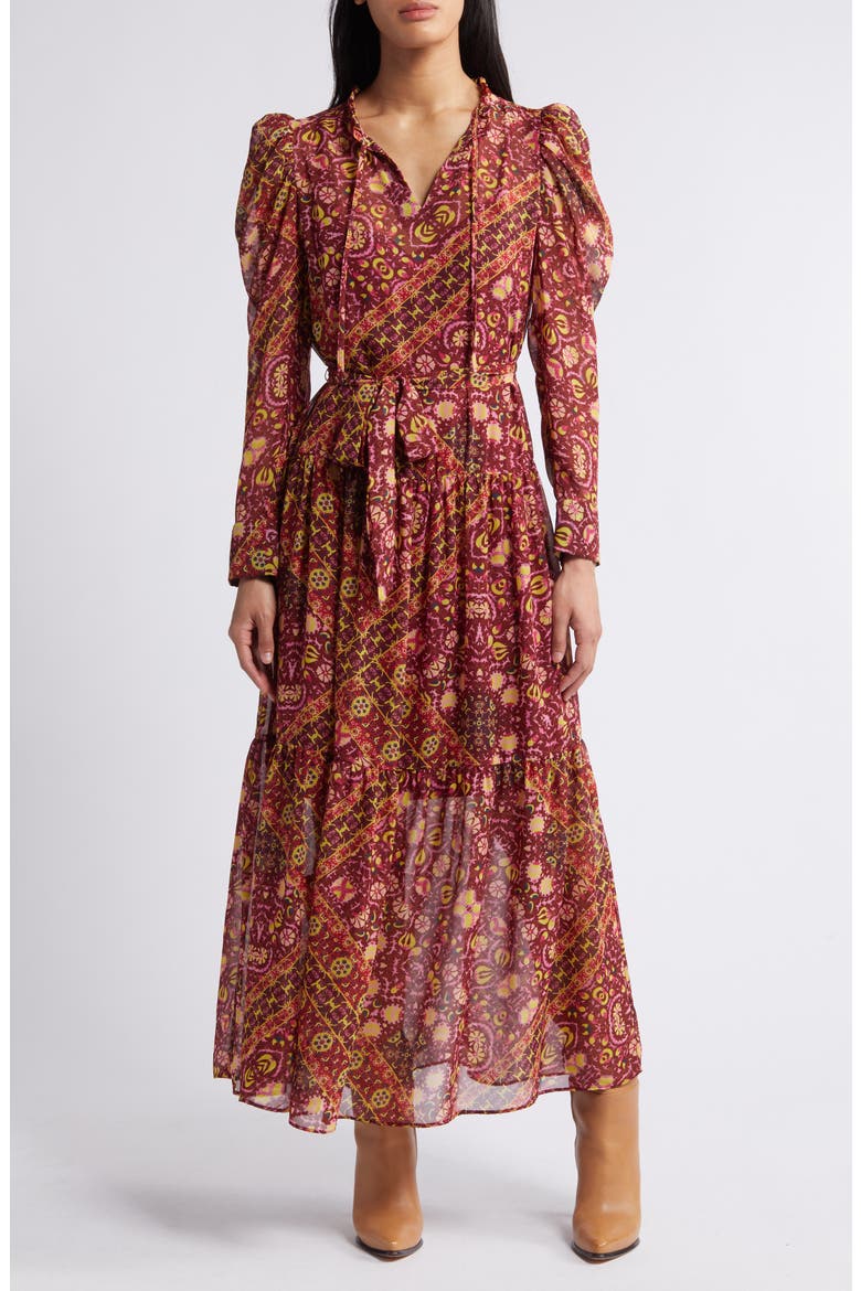 Print Long Sleeve Chiffon Tiered Dress, Main, color, RED MULTI