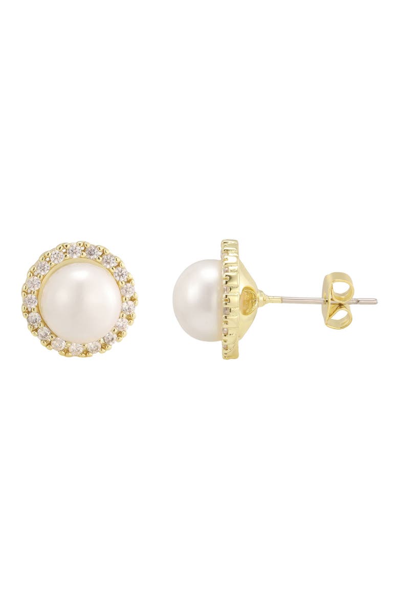 14k Gold Plated Faux Pearl Halo Stud Earrings, Alternate, color, WHITE/ GOLD