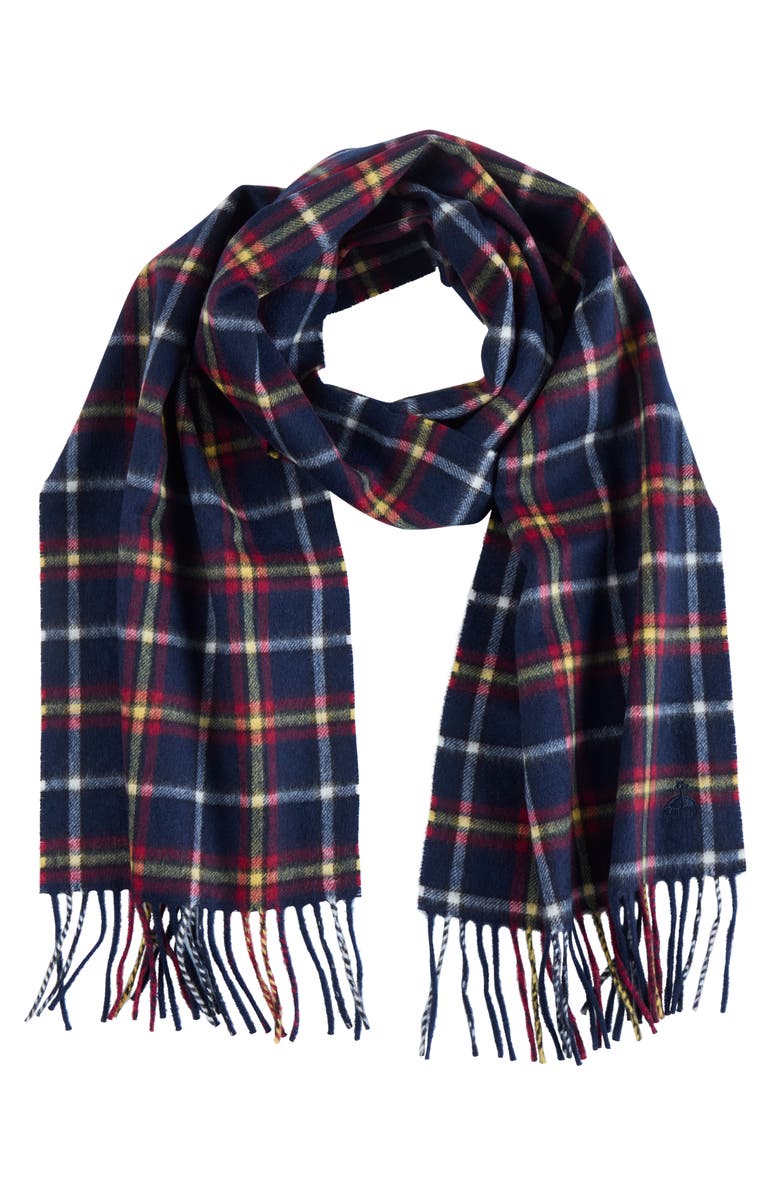 Brooks Brothers Plaid Wool & Cashmere Blend Fringe Scarf, Alternate, color, Navy