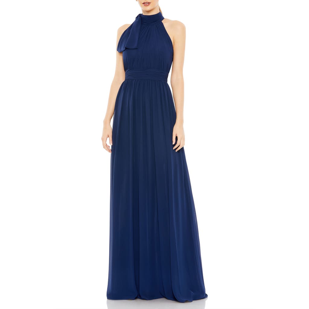 Mac Duggal Bejeweled Neckline Pleated Chiffon Gown Dress In Navy In Midnight